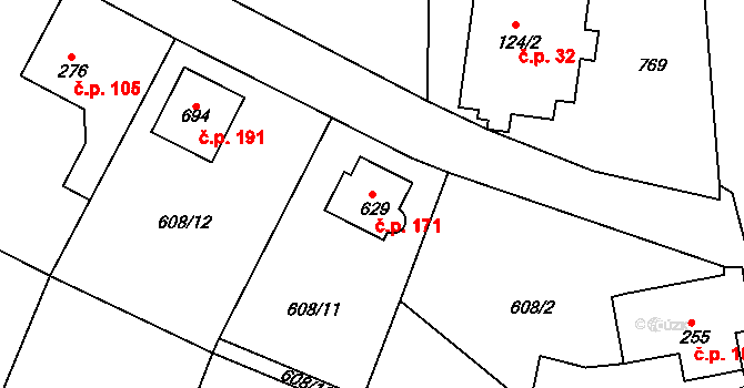 Čachovice 171 na parcele st. 629 v KÚ Čachovice, Katastrální mapa