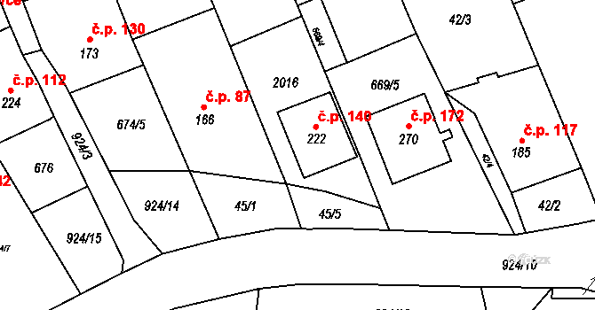 Návojná 140 na parcele st. 222 v KÚ Návojná, Katastrální mapa