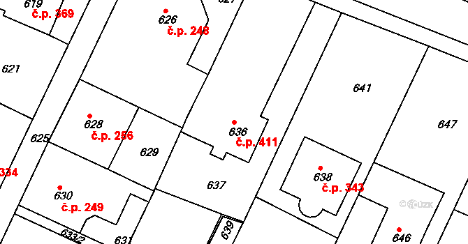 Želechovice nad Dřevnicí 411 na parcele st. 636 v KÚ Želechovice nad Dřevnicí, Katastrální mapa