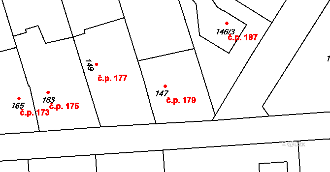 Chlebičov 179 na parcele st. 147 v KÚ Chlebičov, Katastrální mapa