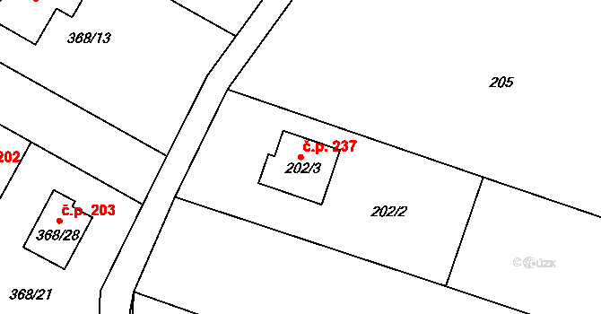 Hlízov 237 na parcele st. 202/3 v KÚ Hlízov, Katastrální mapa