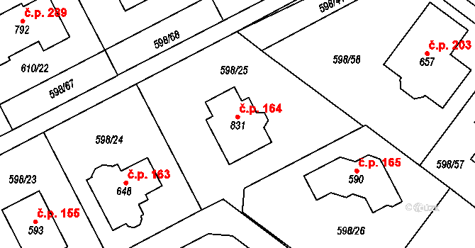 Srbín 164, Mukařov na parcele st. 831 v KÚ Srbín, Katastrální mapa