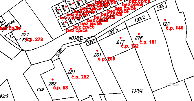 Kryry 205 na parcele st. 261 v KÚ Kryry, Katastrální mapa