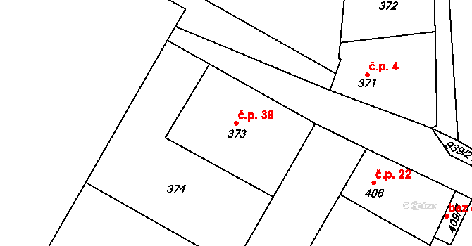 Šnepov 38, Ostrá na parcele st. 373 v KÚ Ostrá, Katastrální mapa