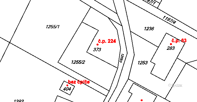 Guty 224, Třinec na parcele st. 373 v KÚ Guty, Katastrální mapa