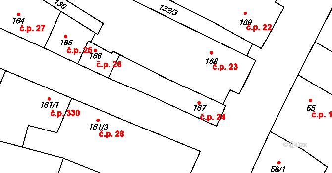Rožďalovice 24 na parcele st. 167 v KÚ Rožďalovice, Katastrální mapa