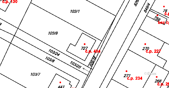 Lázně Toušeň 404 na parcele st. 727 v KÚ Lázně Toušeň, Katastrální mapa