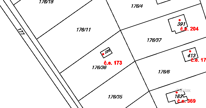 Hostěradice 173, Kamenný Přívoz na parcele st. 228 v KÚ Hostěradice, Katastrální mapa