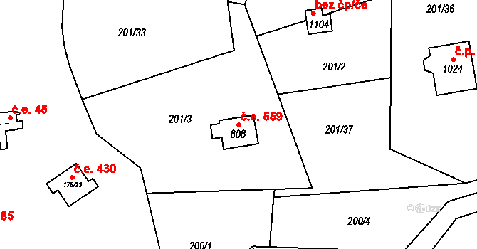 Kamenný Přívoz 559 na parcele st. 808 v KÚ Kamenný Přívoz, Katastrální mapa