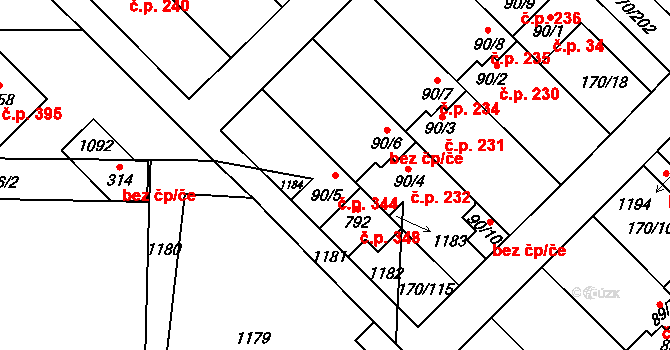 Brandýsek 344 na parcele st. 90/5 v KÚ Brandýsek, Katastrální mapa