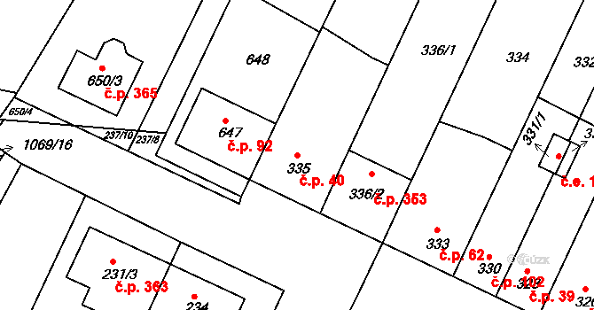 Moutnice 40 na parcele st. 335 v KÚ Moutnice, Katastrální mapa