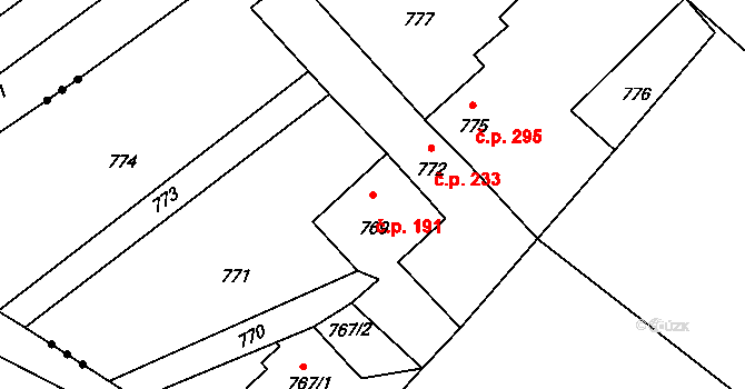 Kostelec 191 na parcele st. 769 v KÚ Kostelec u Kyjova, Katastrální mapa
