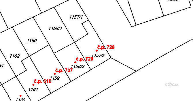 Lužice 728 na parcele st. 1157/2 v KÚ Lužice u Hodonína, Katastrální mapa