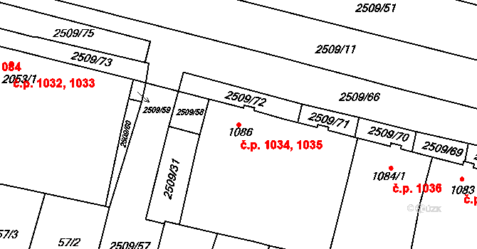 Kyjov 1034,1035 na parcele st. 1086 v KÚ Kyjov, Katastrální mapa
