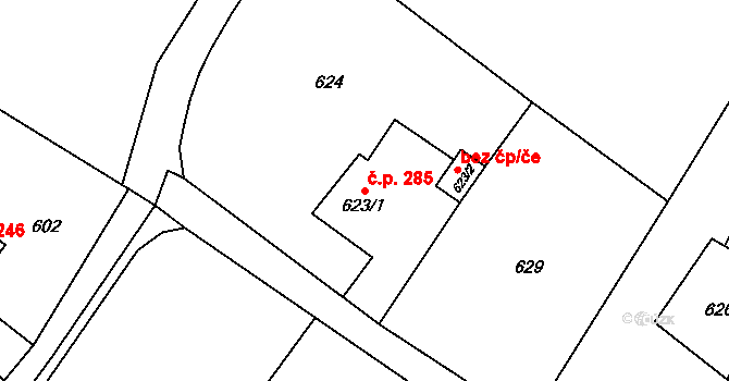 Krmelín 285 na parcele st. 623/1 v KÚ Krmelín, Katastrální mapa