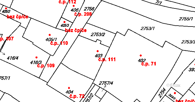 Dačice I 111, Dačice na parcele st. 403 v KÚ Dačice, Katastrální mapa
