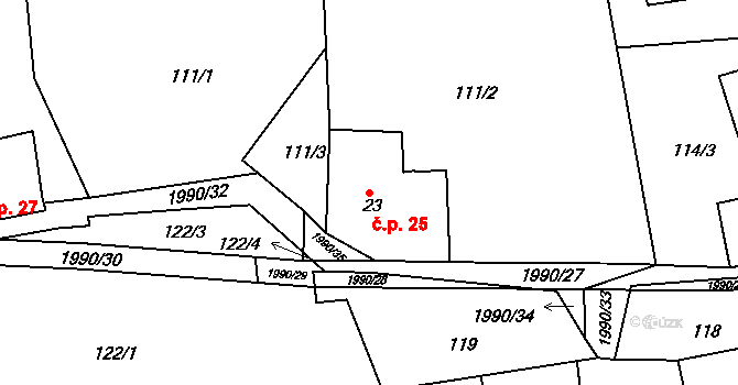 Kamenec u Poličky 25 na parcele st. 23 v KÚ Kamenec u Poličky, Katastrální mapa