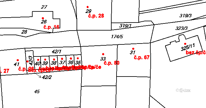 Trubín 50 na parcele st. 33 v KÚ Trubín, Katastrální mapa