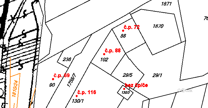 Hořovičky 88 na parcele st. 102 v KÚ Hořovičky, Katastrální mapa