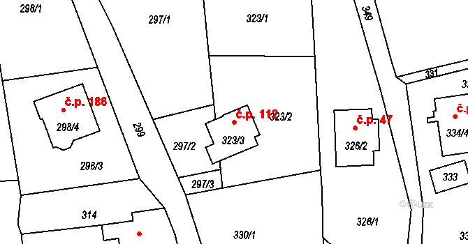Okrouhlá 112 na parcele st. 323/3 v KÚ Okrouhlá u Nového Boru, Katastrální mapa