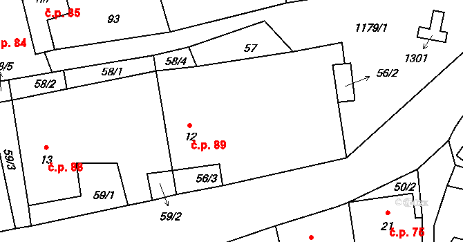 Liběšice 89 na parcele st. 12 v KÚ Liběšice u Litoměřic, Katastrální mapa