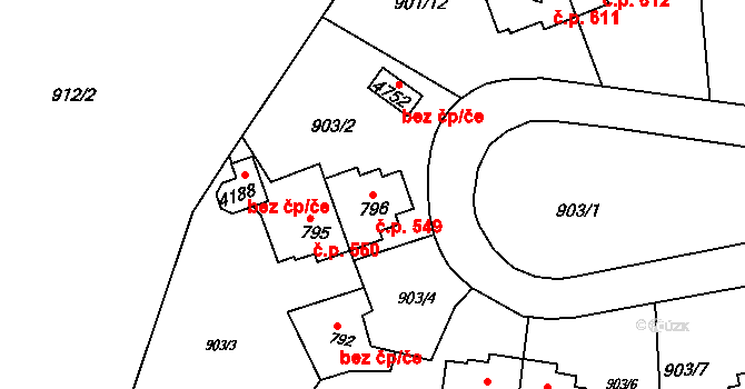 Rožnov pod Radhoštěm 549 na parcele st. 796 v KÚ Rožnov pod Radhoštěm, Katastrální mapa