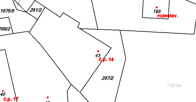 Mohuřice 14, Slavče na parcele st. 43 v KÚ Mohuřice, Katastrální mapa