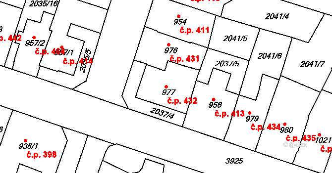 Žichlínské Předměstí 432, Lanškroun na parcele st. 977 v KÚ Lanškroun, Katastrální mapa