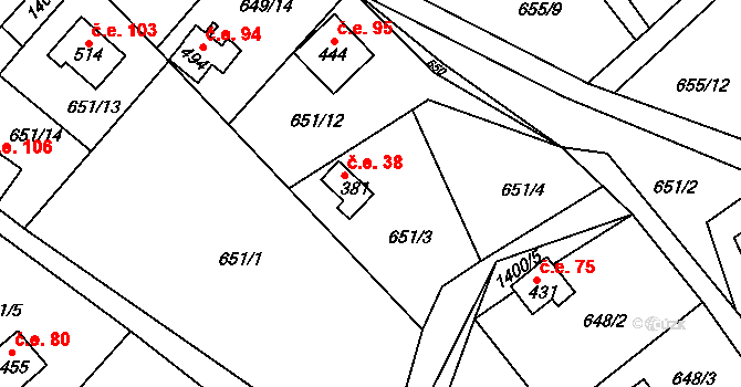 Řetová 38 na parcele st. 381 v KÚ Řetová, Katastrální mapa