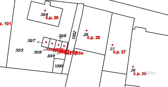 Buzice 28 na parcele st. 28 v KÚ Buzice, Katastrální mapa