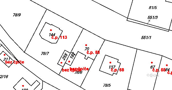 Zárybničná Lhota 58, Tábor na parcele st. 70 v KÚ Zárybničná Lhota, Katastrální mapa