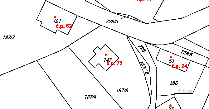 Těpeře 72, Železný Brod na parcele st. 147 v KÚ Chlístov u Železného Brodu, Katastrální mapa