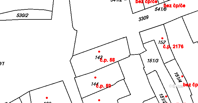 Pelhřimov 58 na parcele st. 143 v KÚ Pelhřimov, Katastrální mapa