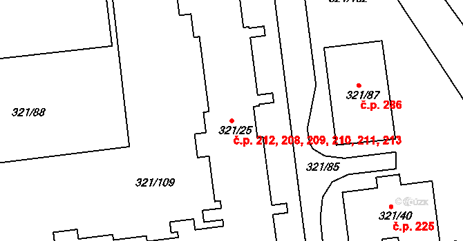 Prosetice 208,209,210,211,212,, Teplice na parcele st. 321/25 v KÚ Prosetice, Katastrální mapa