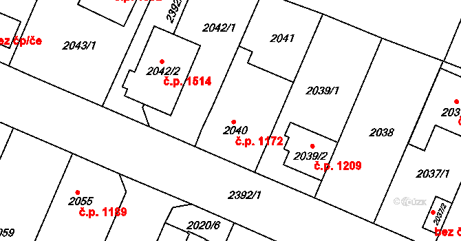 Trnovany 1172, Teplice na parcele st. 2040 v KÚ Teplice-Trnovany, Katastrální mapa