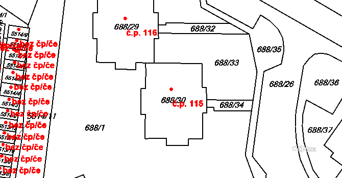 Frýdek 115, Frýdek-Místek na parcele st. 688/30 v KÚ Frýdek, Katastrální mapa