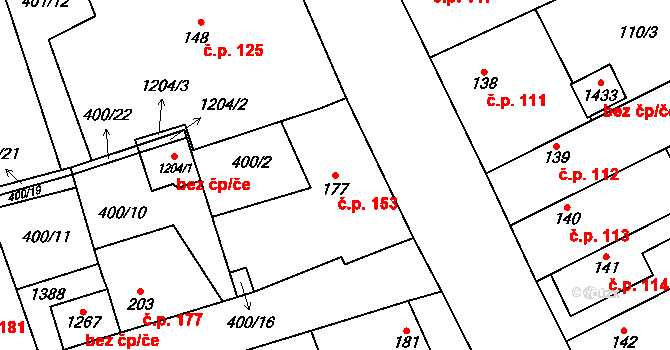 Veltrusy 153 na parcele st. 177 v KÚ Veltrusy, Katastrální mapa