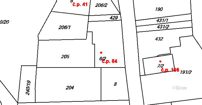 Loukovec 84 na parcele st. 6/2 v KÚ Loukovec, Katastrální mapa