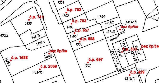 Turnov 658 na parcele st. 1306 v KÚ Turnov, Katastrální mapa