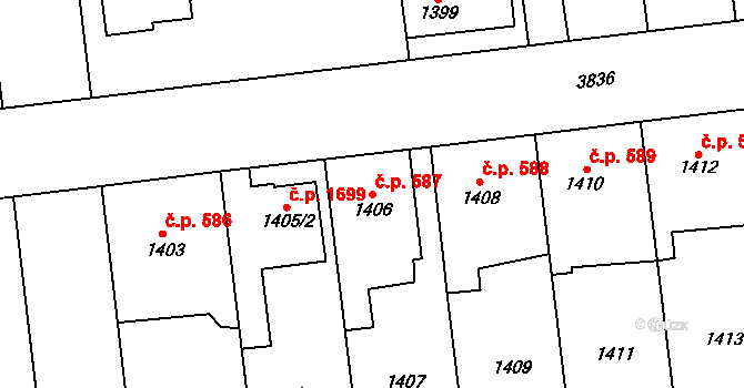Horní Počernice 587, Praha na parcele st. 1406 v KÚ Horní Počernice, Katastrální mapa