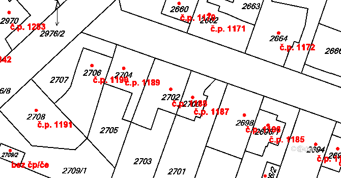 Horní Počernice 1188, Praha na parcele st. 2702 v KÚ Horní Počernice, Katastrální mapa