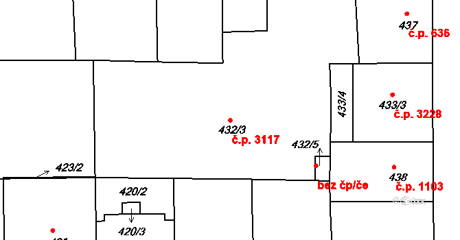 Smíchov 3117, Praha na parcele st. 432/3 v KÚ Smíchov, Katastrální mapa