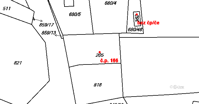 Láz 166 na parcele st. 205 v KÚ Láz, Katastrální mapa