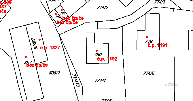 Jirkov 1192 na parcele st. 780 v KÚ Jirkov, Katastrální mapa