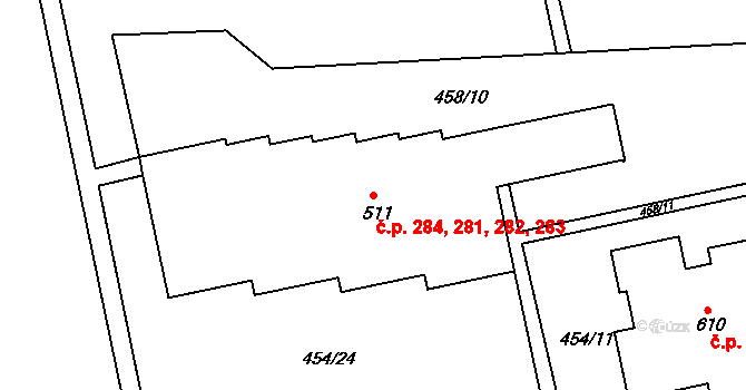 Třebeš 281,282,283,284, Hradec Králové na parcele st. 511 v KÚ Třebeš, Katastrální mapa