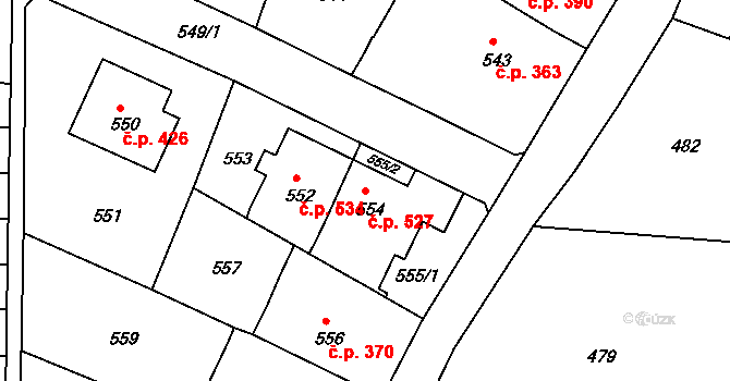 Střelice 527 na parcele st. 554 v KÚ Střelice u Brna, Katastrální mapa