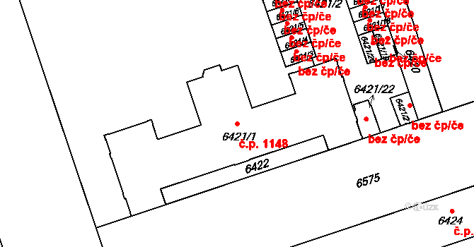 Jižní Předměstí 1148, Plzeň na parcele st. 6421/1 v KÚ Plzeň, Katastrální mapa