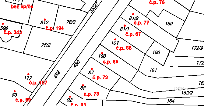 Krasice 85, Prostějov na parcele st. 100 v KÚ Krasice, Katastrální mapa