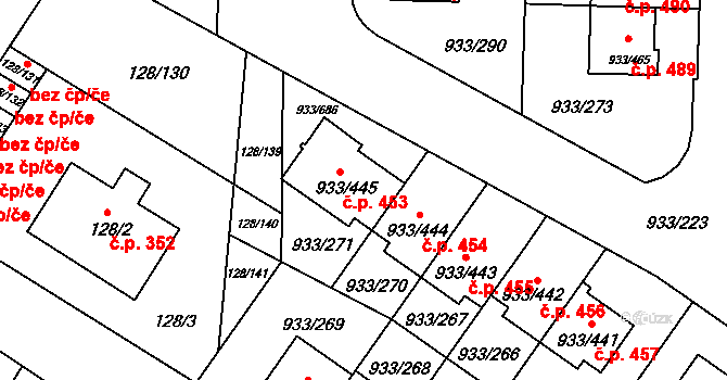 Satalice 453, Praha na parcele st. 933/445 v KÚ Satalice, Katastrální mapa