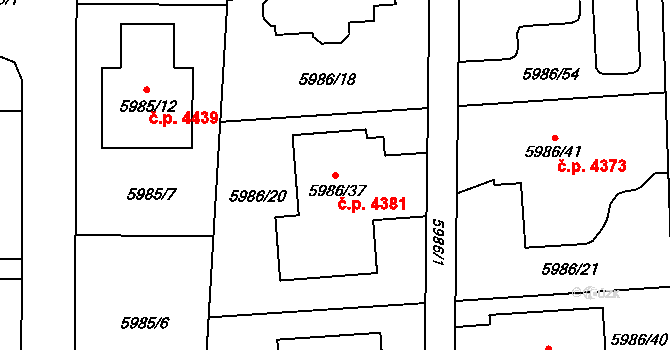 Prostějov 4381 na parcele st. 5986/37 v KÚ Prostějov, Katastrální mapa